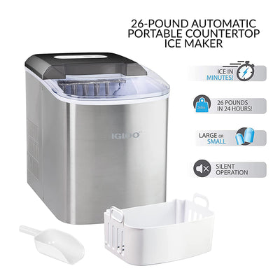 Igloo 26 Lb Capacity Portable Countertop Ice Cube Maker Machine, Silver (Used)
