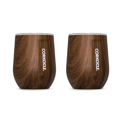 Corkcicle Origins 12 Oz Stainless Steel Stemless Cup w/Lid, Walnut Wood (2 Pack)