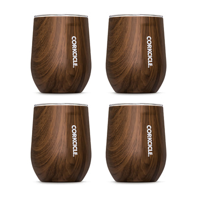 Corkcicle Origins 12 Oz Stainless Steel Stemless Cup w/Lid, Walnut Wood (4 Pack)