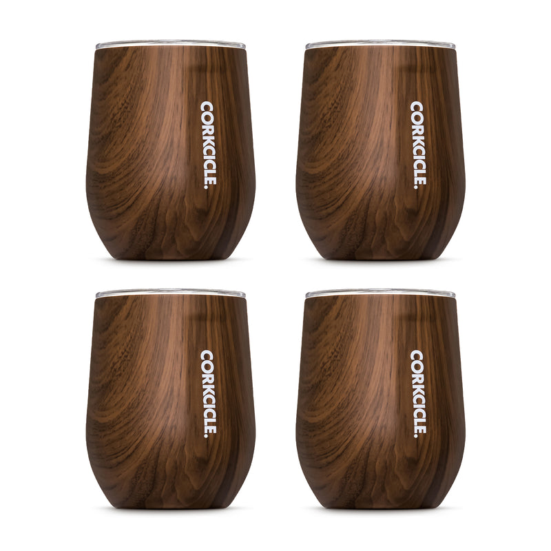 Corkcicle Origins 12 Oz Stainless Steel Stemless Cup w/Lid, Walnut Wood (4 Pack)