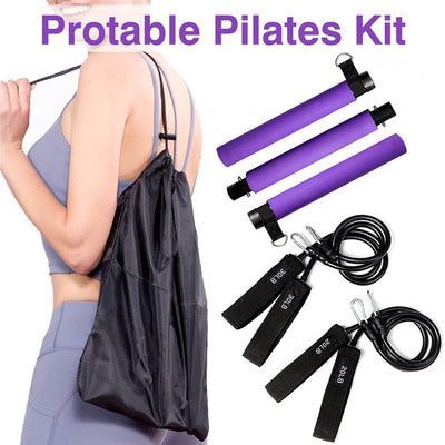 MALOOW Portable Pilates Bar w/ Adjustable Resistance Bands & Travel Bag, Purple