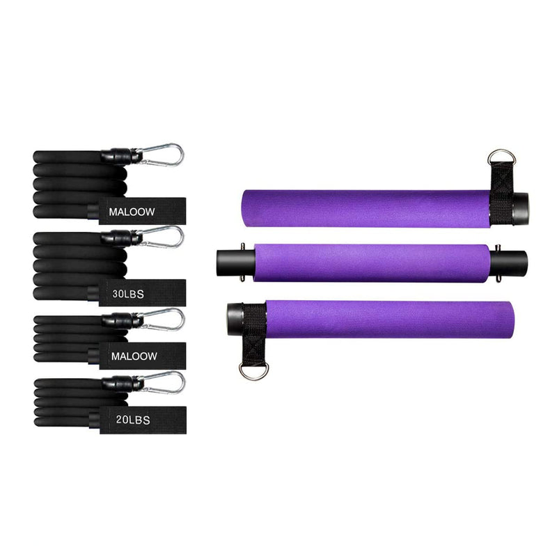 MALOOW Portable Pilates Bar w/ Adjustable Resistance Bands & Travel Bag, Purple