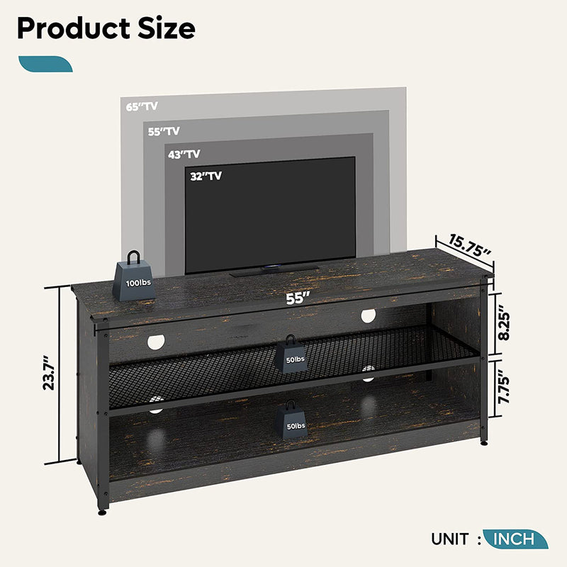 Bestier Industrial TV Stand with Shelf and LED Lights 55.12 Inches, Golden Black