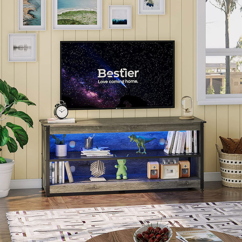 Bestier 55 Inch LED Light Up TV & Gaming Stand w/ Open Mesh Shelving, Dark Gray