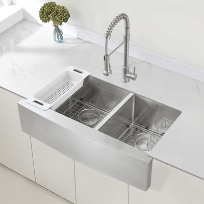 Zuhne Turin 36 Steel Double Basin Farmhouse Sink w/ 36 Inch Curved Apron Front