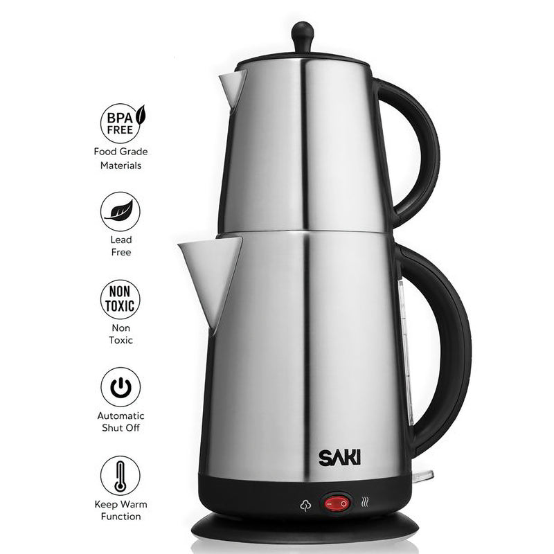 Saki 1.7 Liter Double Electric Turkish Tea Maker with Removable Infuser, Silver