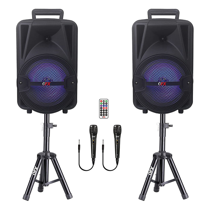 QFX Rechargeable Portable Bluetooth Speakers w/ Microphones and Stands, Set of 2