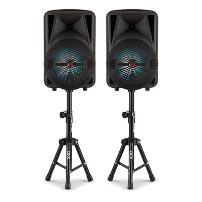 QFX Rechargeable Bluetooth Speakers w/ Microphones and Stands, Set (Open Box)