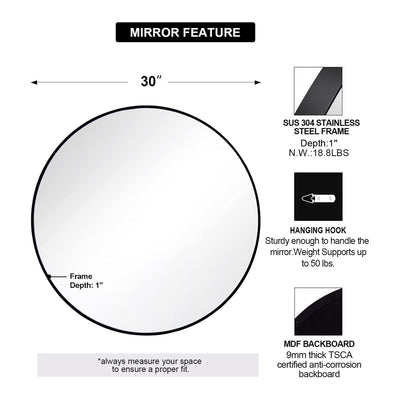ANDY STAR 30" Round Circle Mirror w/ Stainless Steel Frame, Black (Open Box)