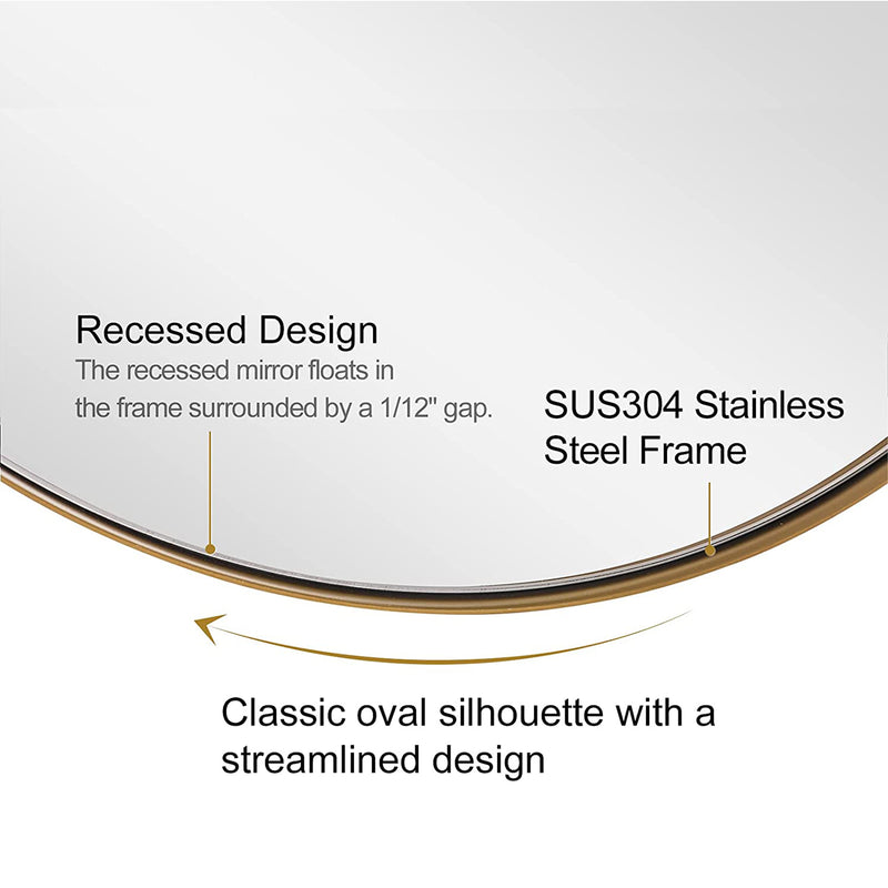 ANDY STAR Modern 24 x 36 Inch Oval Wall Hanging Bathroom Mirror, Brushed Gold