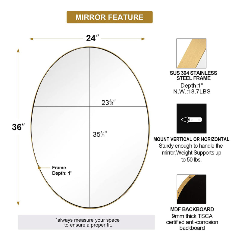 ANDY STAR Modern 24 x 36 Inch Oval Wall Hanging Bathroom Mirror, Brushed Gold