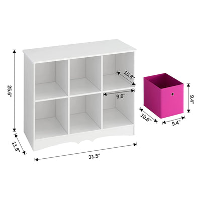 4NM Kids 3 x 2 Toy Storage Cubby & Bookshelf w/ 6 Large Drawers, White and Pink