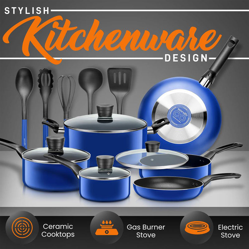 SereneLife 15pc Pots & Pans Non Stick Chef Kitchenware Set, Blue (For Parts)