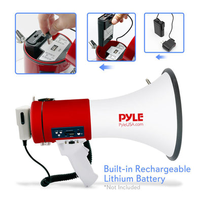 Pyle Megaphone 50 Watt Siren Bullhorn Speaker with Built In Rechargeable Battery