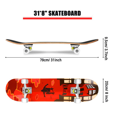 Hikole Complete Pro Canadian Maple Wood 31 Inch Double Kick Skateboard, Red Pose