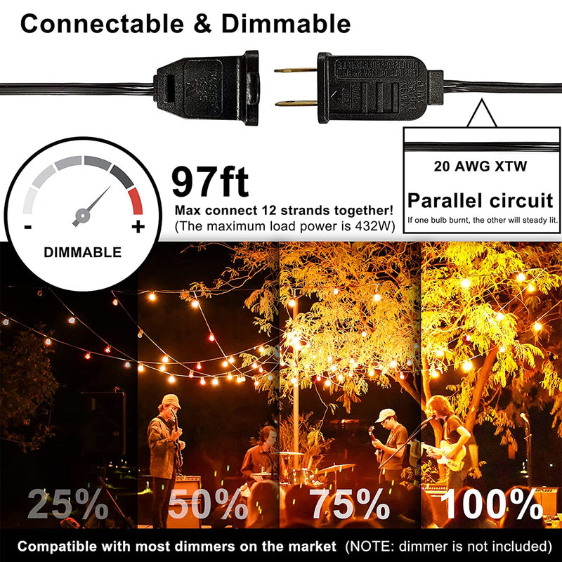 Banord LED 48 Foot String Lights, 25 Shatterproof Plastic Bulbs for Outdoor Use