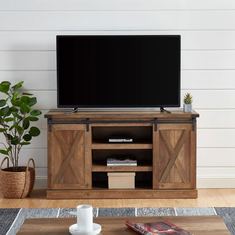 Rustic Farmhouse TV Stand Table with Sliding Barn Door, Rustic Oak (Open Box)