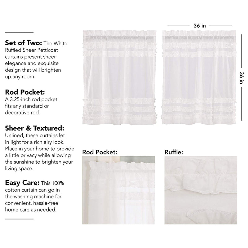 VHC Brands April & Olive Ruffled Cotton Petticoat Tier Curtains, White, 2 Panels