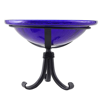 Achla Designs Hand Blown Crackle Glass Birdbath with Tripod Stand, Cobalt Blue