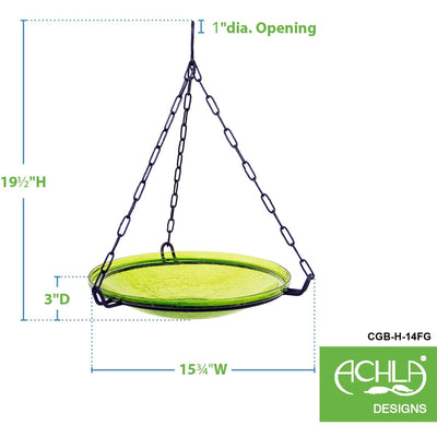 Achla Designs Hand Blown Crackle Glass Hanging Birdbath, 14 Inch, Fern Green