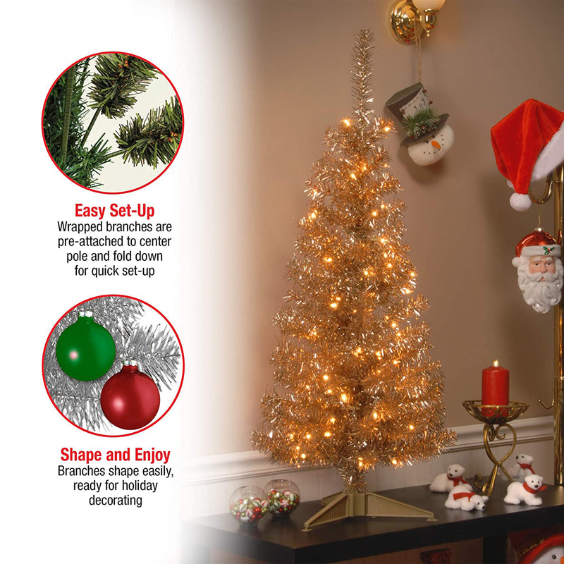 National Tree Company 4 Foot Prelit Holiday Tinsel Tree with Metal Stand, Gold