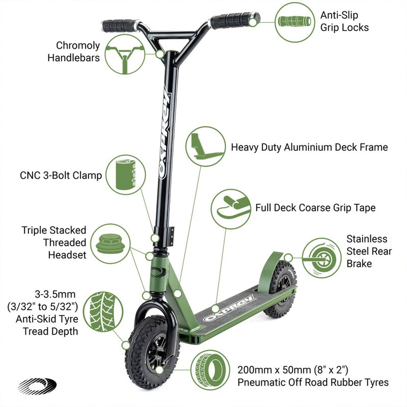 Osprey All Terrain Adult Dirt Trail Scooter with Chunky Off Road Tires, Green