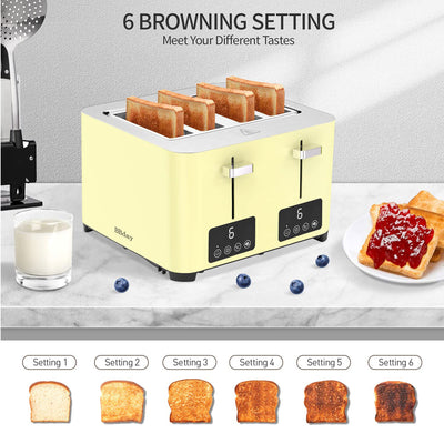 BBday 4 Slice Stainless Steel Toaster with Extra Wide Slot & LCD Display, Yellow