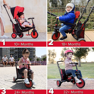 smarTrike 5 in 1 Modular Toddler Stroller Tricycle with 1 Handed Steering, Red
