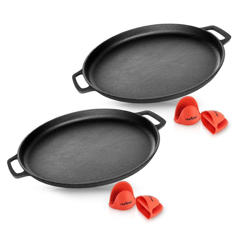 NutriChef 14in Round Pre Seasoned Cast Iron Baking Pan Kitchen Cookware (2 Pack)
