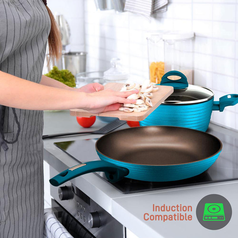 NutriChef 12 Piece Nonstick Home Cookware Set w/ Lids & Cool Touch Handles, Aqua