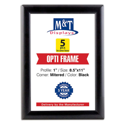 M&T Displays Opti Frame 8.5 x 11 In Wall Mount Front Load Frame, Black, 5 Count