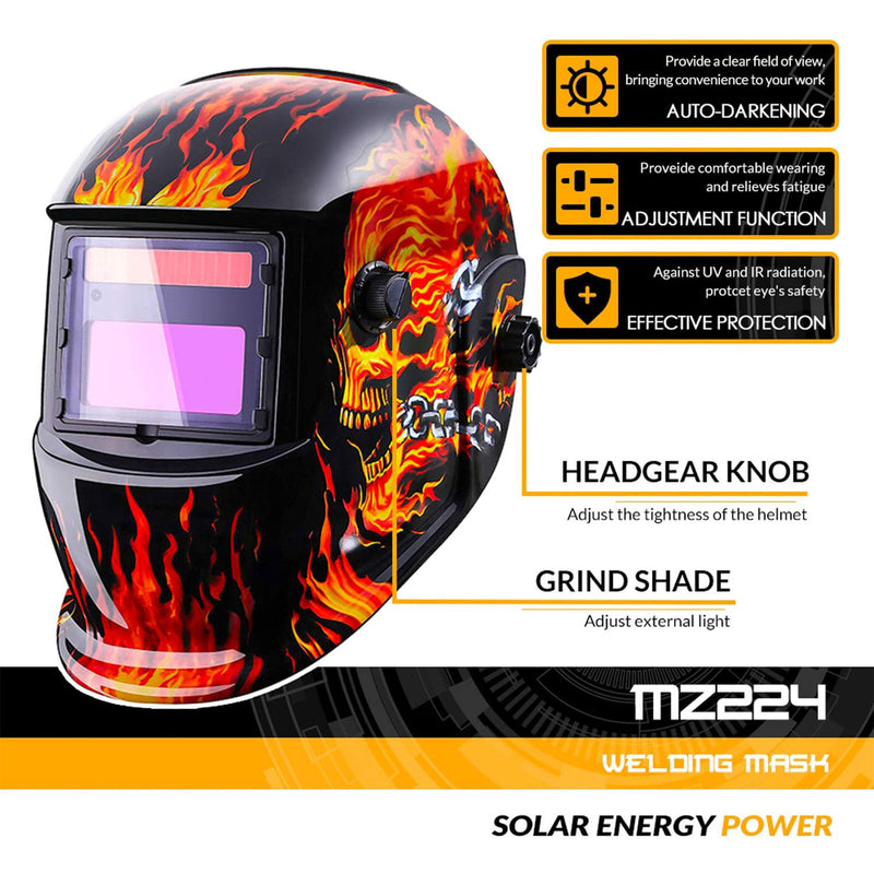 DEKOPRO Solar Powered Welding Helmet w/ Hood and Adjustable Shade, Black Skull