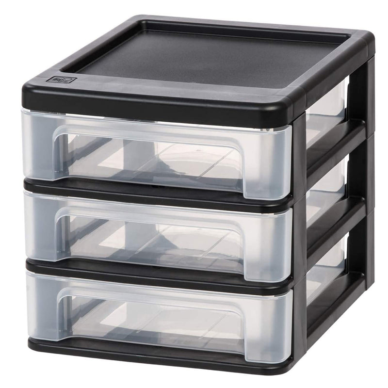 IRIS USA Compact 3 Drawer Plastic Desktop Storage Organizer, Black (2 Pack)
