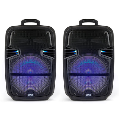 QFX Rechargeable Bluetooth Speaker System with LED Lights & Microphone, 2 Pack