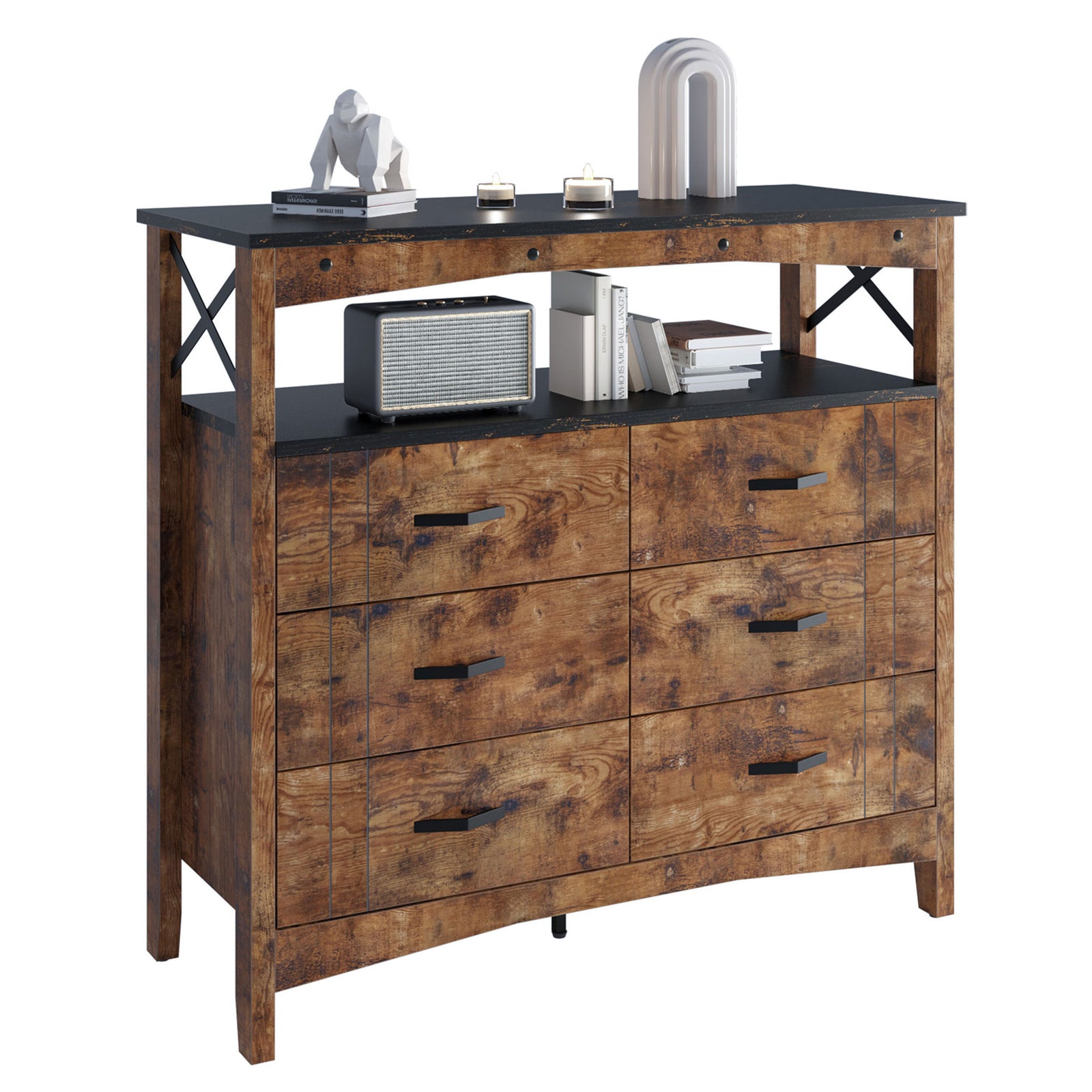 Buffet Hallway & Living Room Storage Cabinet w/6 Drawers, Rustic Brown (Used) - VMInnovations