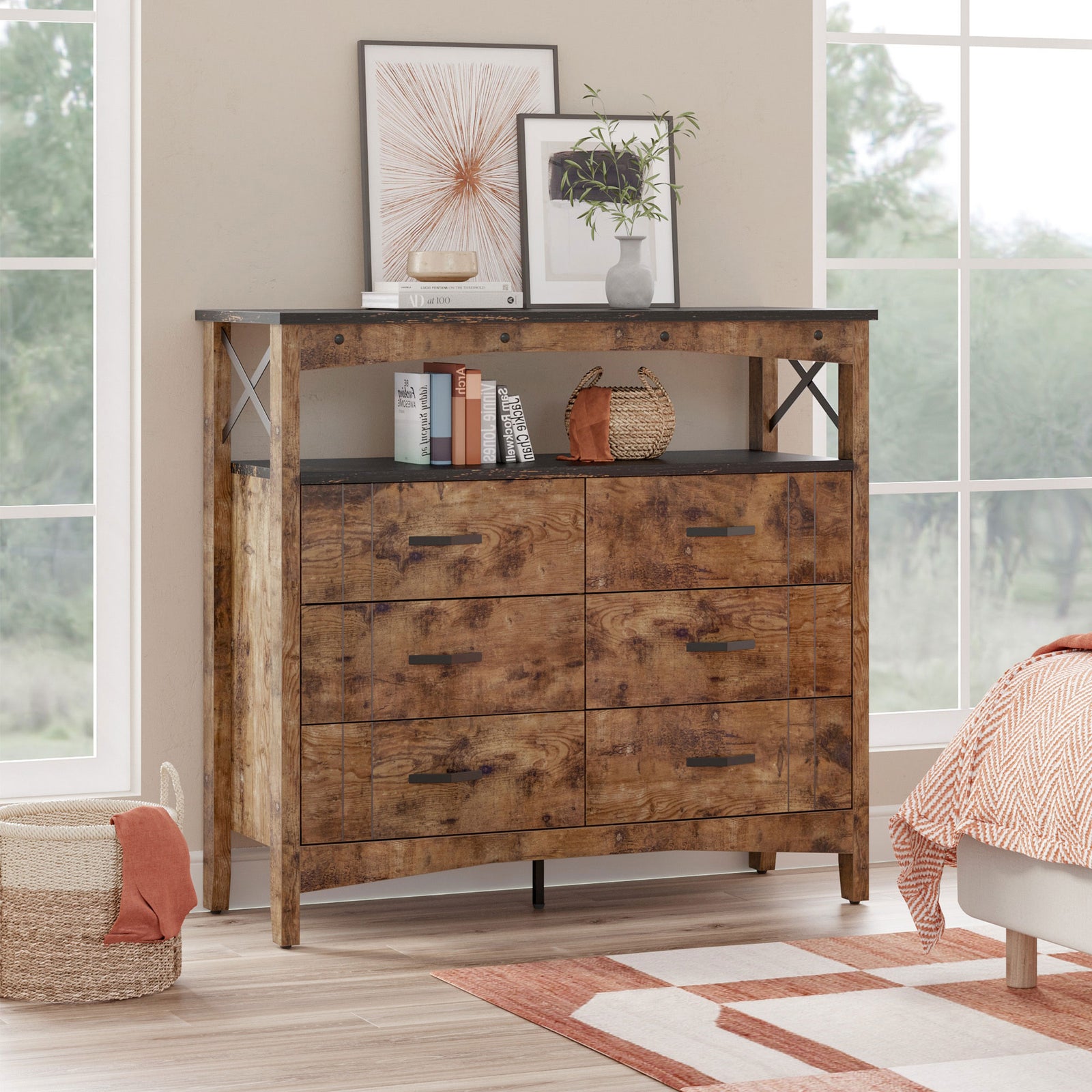 Buffet Hallway & Living Room Storage Cabinet w/6 Drawers, Rustic Brown (Used) - VMInnovations