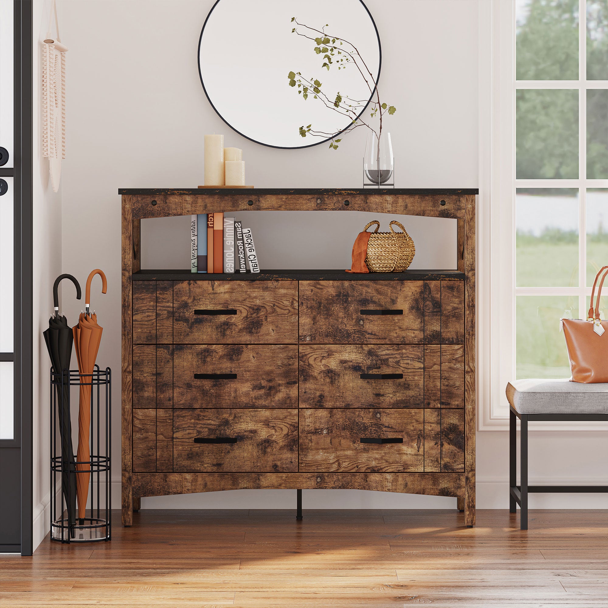 Buffet Hallway & Living Room Storage Cabinet w/6 Drawers, Rustic Brown (Used) - VMInnovations