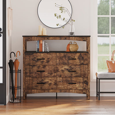 Buffet Hallway & Living Room Storage Cabinet w/6 Drawers, Rustic Brown (Used) - VMInnovations