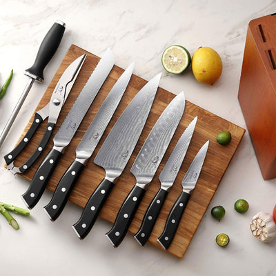 Nanfang Brothers Damascus Kitchen Knife Set with Manchurian Ash Block, 9 Pieces