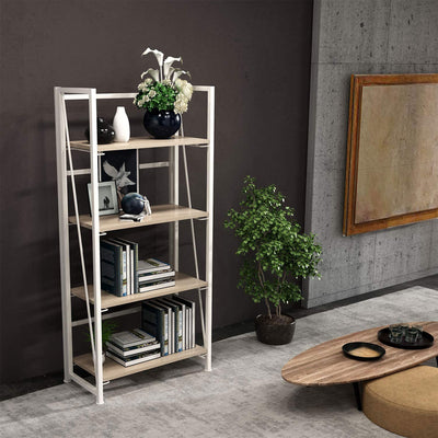 GHQME Fully Assembled Space Saving 4 Tiered Folding Bookcase Open Shelves, White