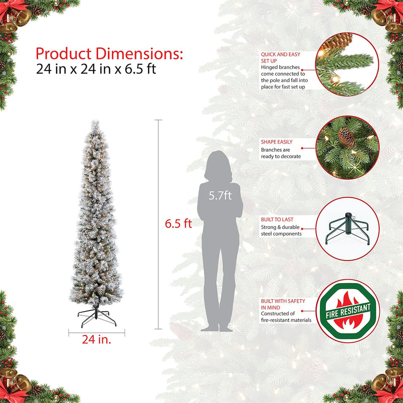 Puleo International Snowy 6.5 Ft Prelit Artificial Flocked Pencil Christmas Tree
