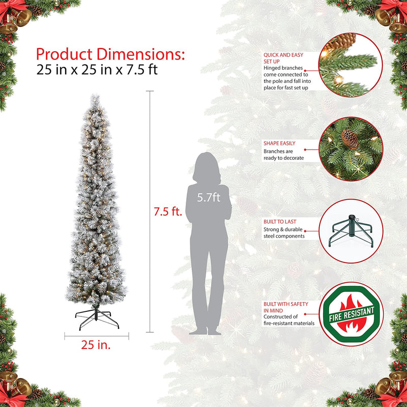 Puleo International Snowy 7.5 Ft Prelit Artificial Flocked Pencil Christmas Tree