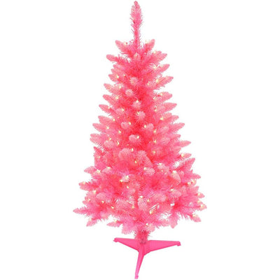 Puleo International 4 Foot Pre Lit Christmas Holiday Tree w/ Plastic Stand, Pink
