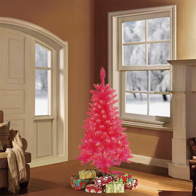 Puleo International 4 Foot Pre Lit Christmas Holiday Tree w/ Plastic Stand, Pink