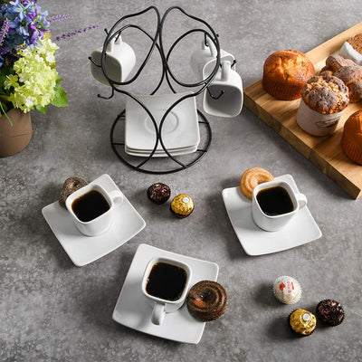 Gibson Home Gracious Dining Espresso Saucer & Cup Set w/ Stand, 13 Pieces, White