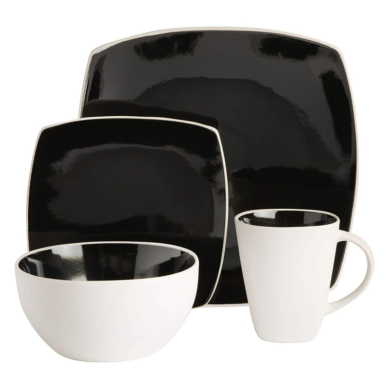 Gibson Soho Lounge Square Glazed Stoneware 16 Piece Dinnerware Set, Black/White