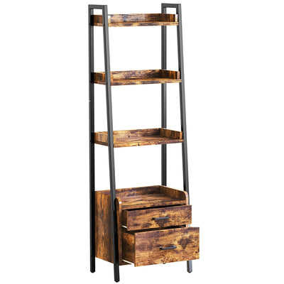 Display Bookcase with Ladder Shelves and Metal Frame, Rustic Brown (Open Box)