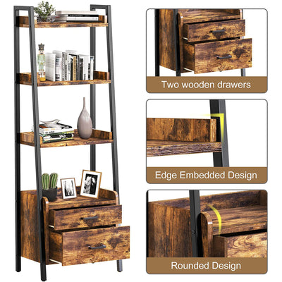 Display Bookcase with Ladder Shelves and Metal Frame, Rustic Brown (Open Box)