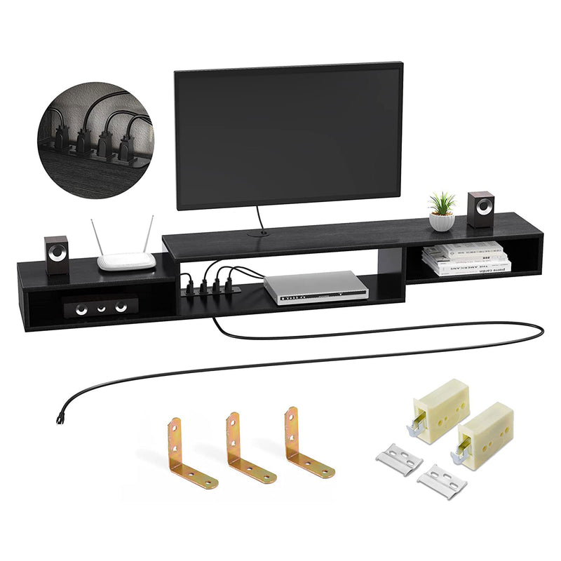 Fabato 70 In Wall Mounted Floating Media Console w/ Built In Power Strip, Black