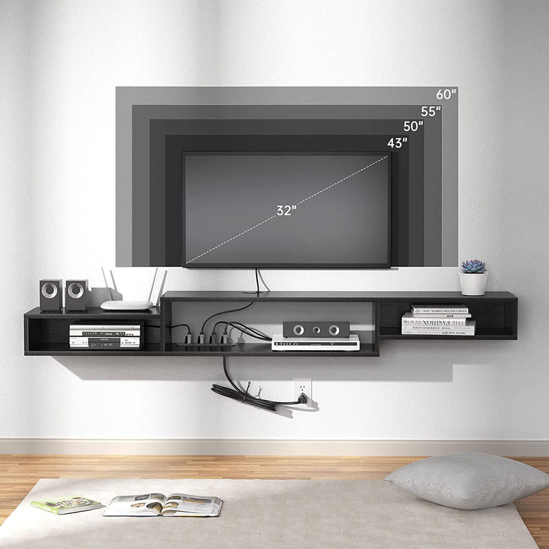 Fabato 70 In Wall Mounted Floating Media Console w/ Built In Power Strip, Black